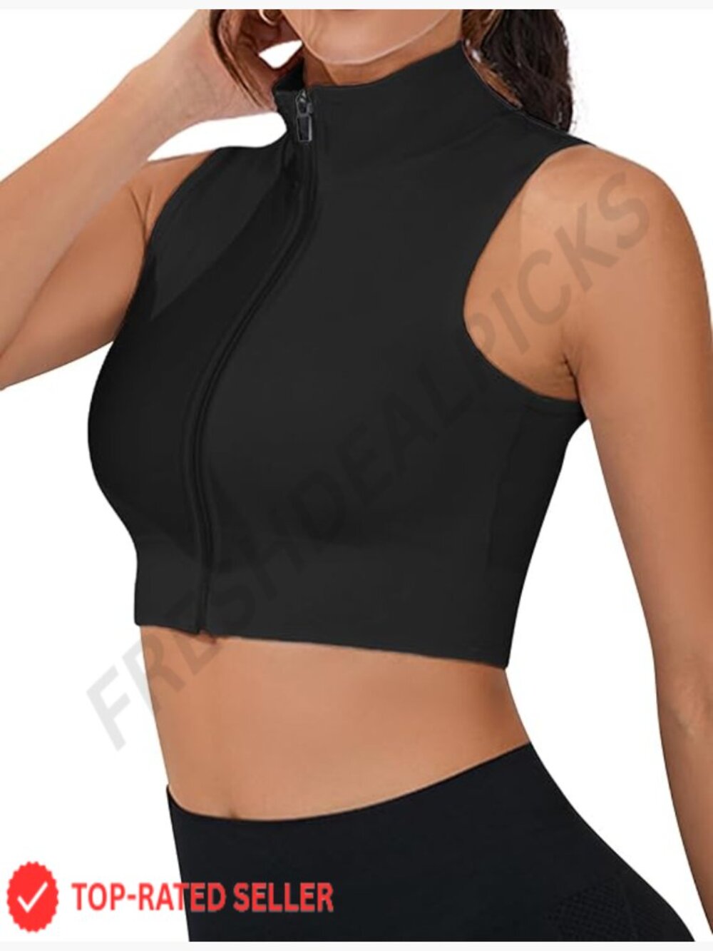 Crop Tank Top Full Zip Mock Neck Sleeveless Slim Fit Workout Yoga Gym Athletic